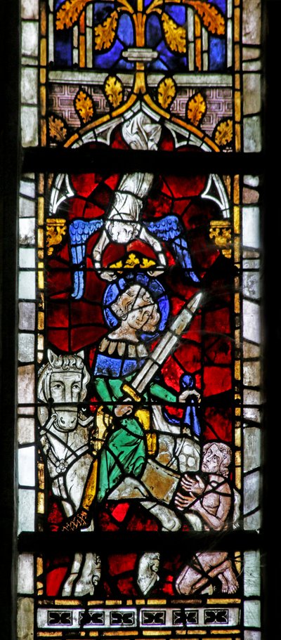 Window depicting Saint Martin dividing his cloak and an Angel delivering a crown by French School